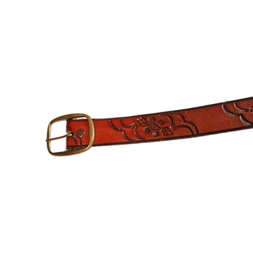 Vintage 90s Made in USA Floral Tooled Leather Belt 18-3222 Solid Brass Buckle - Picture 3 of 15
